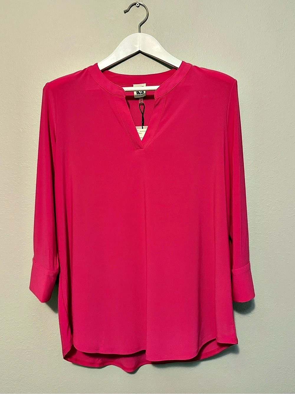 Anne Klein Pink Split Neck Cuffed Sleeve Blouse